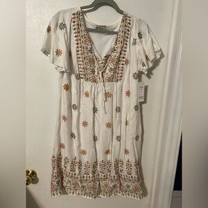 Floral Embroidered Mini Dress - White and Orange